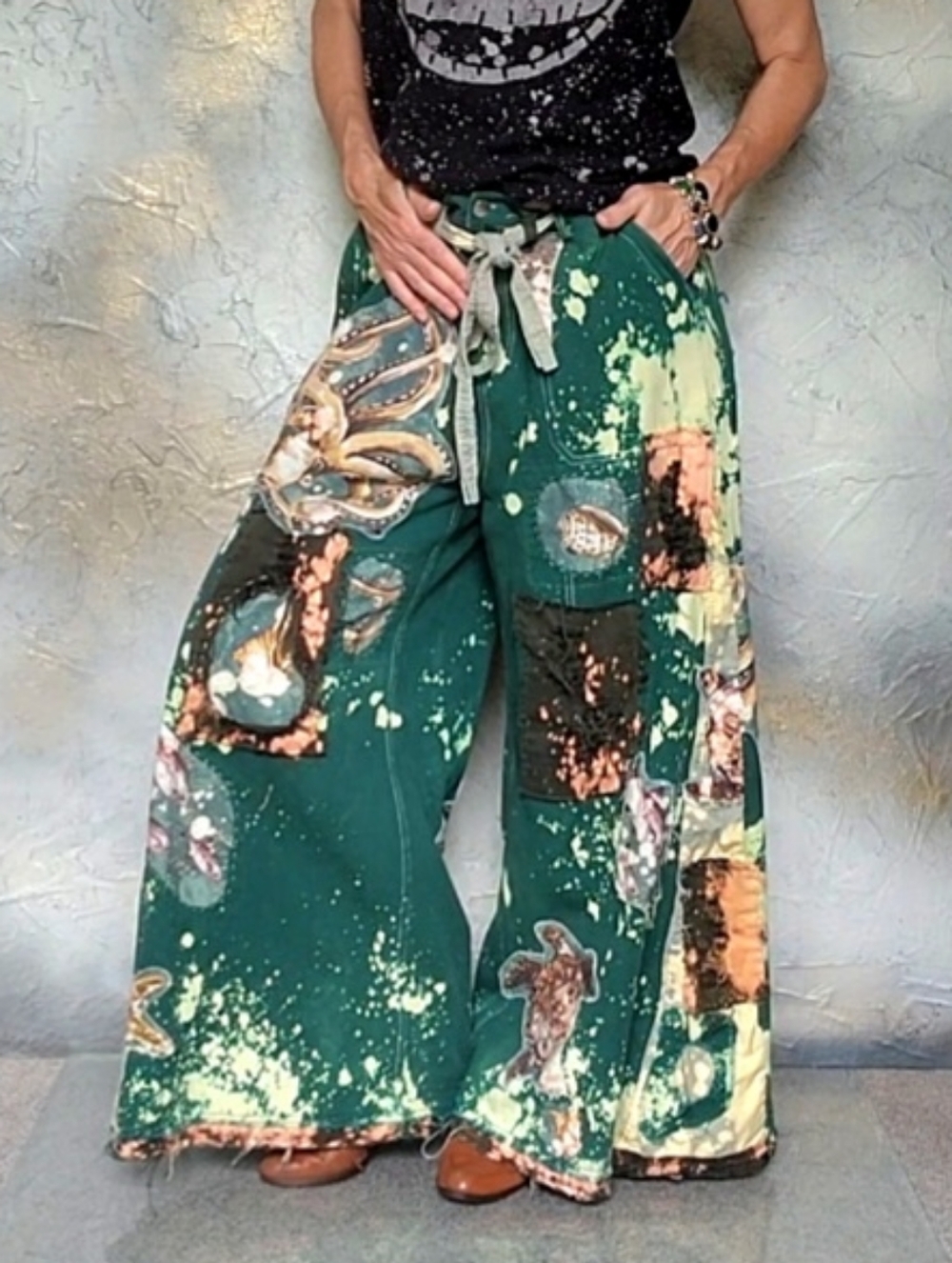 Boho Pants Shabby Upcycled Vintage European Cotton Patching